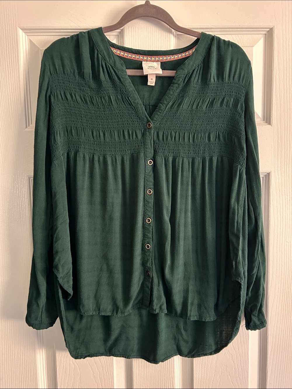 Knox Rose Green Smocked Button Front Boho Blouse Top Medium